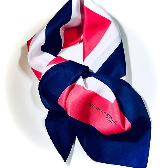 MICHELANGELO ROMA VINTAGE SCARF CLASSIC GEOMETRIC STYLE—NAVY FUCHSIA & PINK 🇮🇹 - Picture 9 of 14